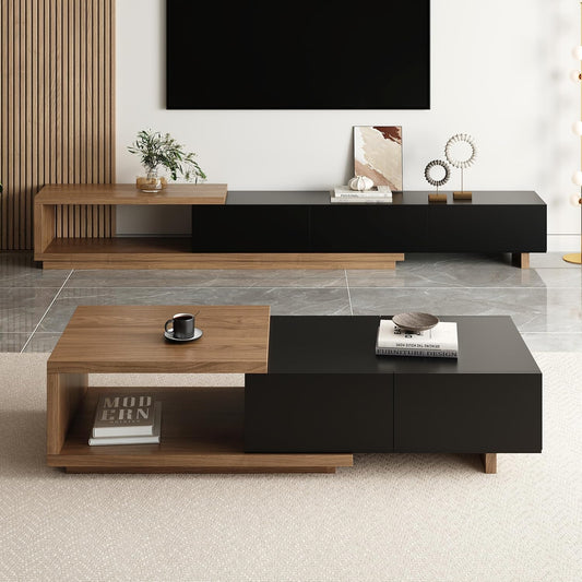 Modern Mid-Century Coffee Table and TV Stand Set of 2, Extendable Entertainment Center Set for Living Room (Black & Walnut)