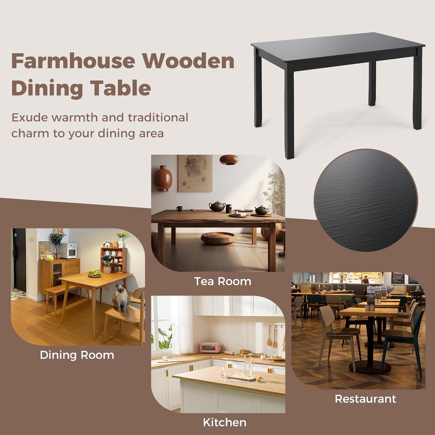 Dining Table for 4 People, 48"X 29" Kitchen Table with Wood Legs, Load 330 Lbs, Rectangular Dinner Table for Small Space, Dinette, Breakfast Nook, Apartment, Living Room, Dining Room (Black)