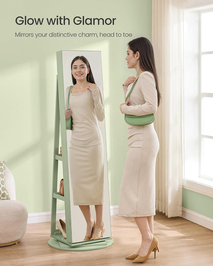 6 Leds Lockable Mirror Jewelry Cabinet, 360° Swivel Jewelry Organizer Armoire Standing, Frameless Full-Length Mirror, 3 Storage Shelves, Laurel Green Surface, Cream White Lining UJJC007C01