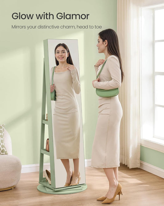 6 Leds Lockable Mirror Jewelry Cabinet, 360° Swivel Jewelry Organizer Armoire Standing, Frameless Full-Length Mirror, 3 Storage Shelves, Laurel Green Surface, Cream White Lining UJJC007C01