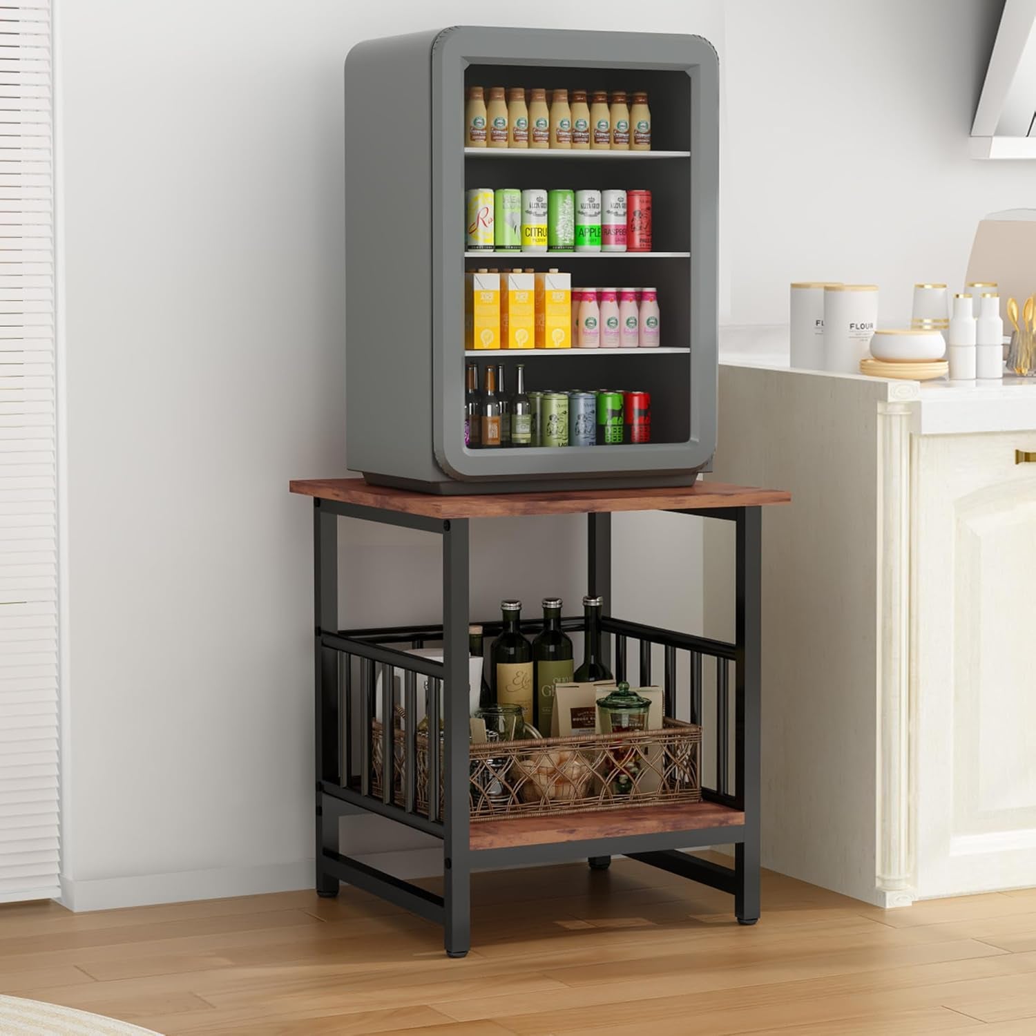 End Table, Industrial Side Table with 2-Tire Storage Shelf, 180LBS Mini Fridge Stand with Adjustable Feet, 18"X18" Wood Night Stand Small Bedside Table with Sturdy Metal Frame for Living Room Bedroom