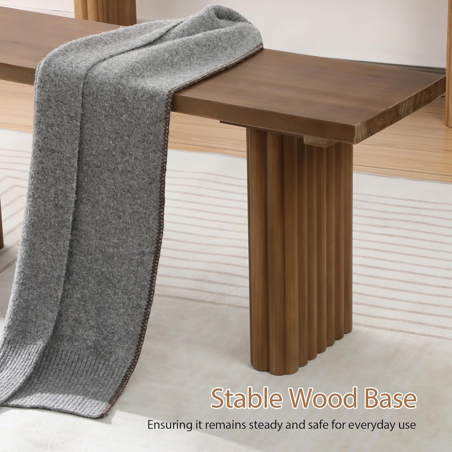 Solid Wood Entryway Bench - 51.2" Fluted Farmhouse Bench, Indoor Long Dining Benches Seat Narrow End of Bed Benches for Entry Way, Kitchen, Living Room and Bedroom, Brown