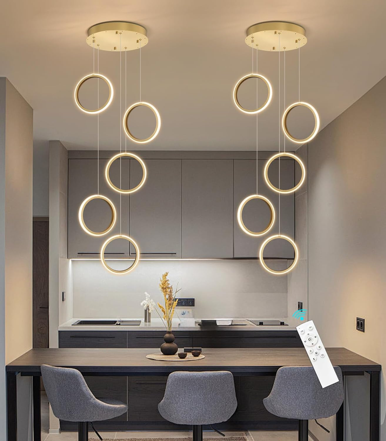 5 Rings Modern LED Chandelier Dimmable Dining Room Light Fixture with Remote 45W Gold Pendant Light for Living Room Foyer