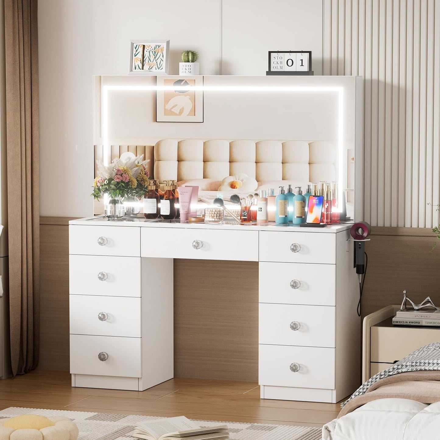 Makeup Vanity Desk with Large Mirror and Lights,White Vanity Table with Glass Top,9 Drawers,3 Color Modes,Sliding 2 Wall Mounted Jewelry Storage Racks,Suitable for Bedroom Ladies and Girls