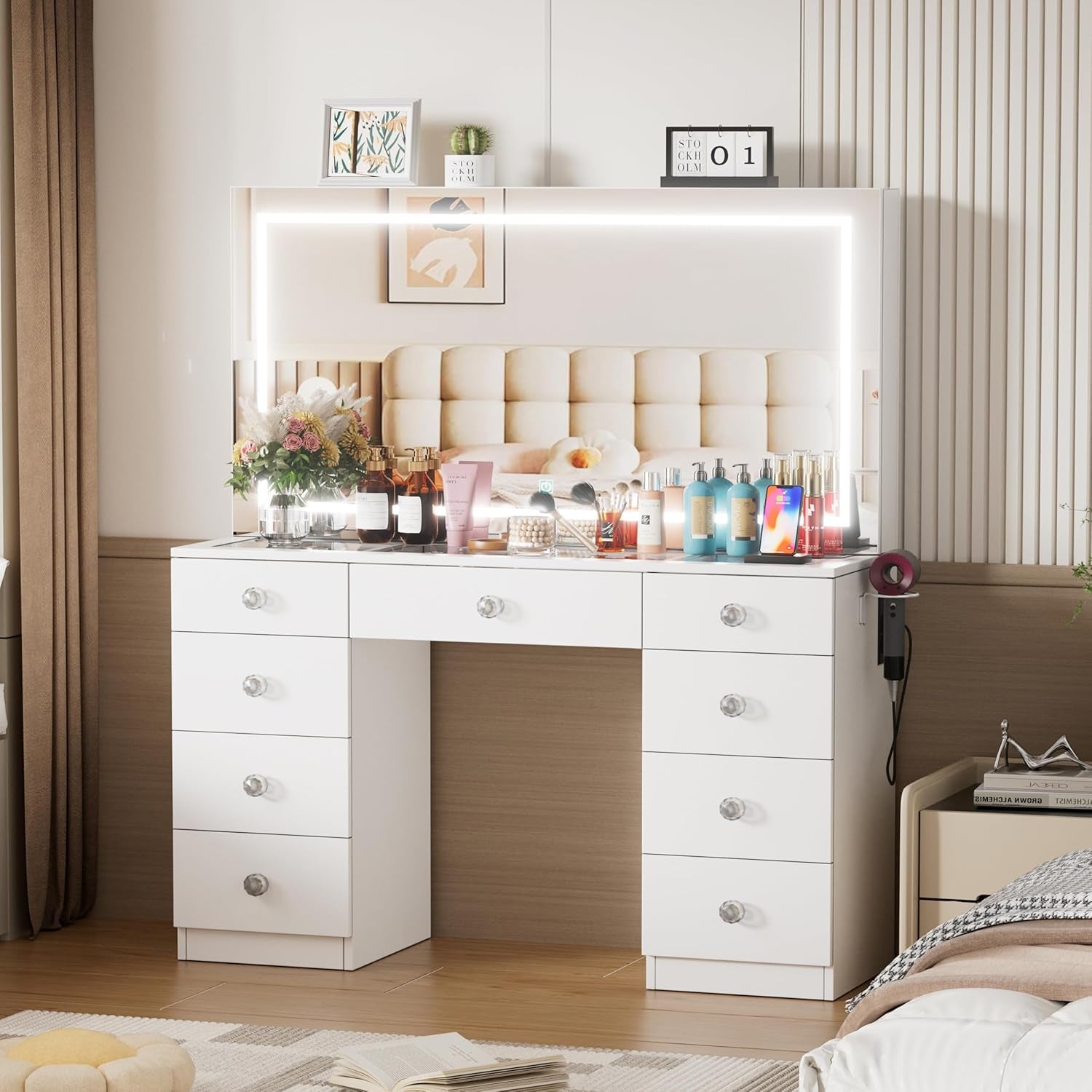Makeup Vanity Desk with Large Mirror and Lights,White Vanity Table with Glass Top,9 Drawers,3 Color Modes,Sliding 2 Wall Mounted Jewelry Storage Racks,Suitable for Bedroom Ladies and Girls