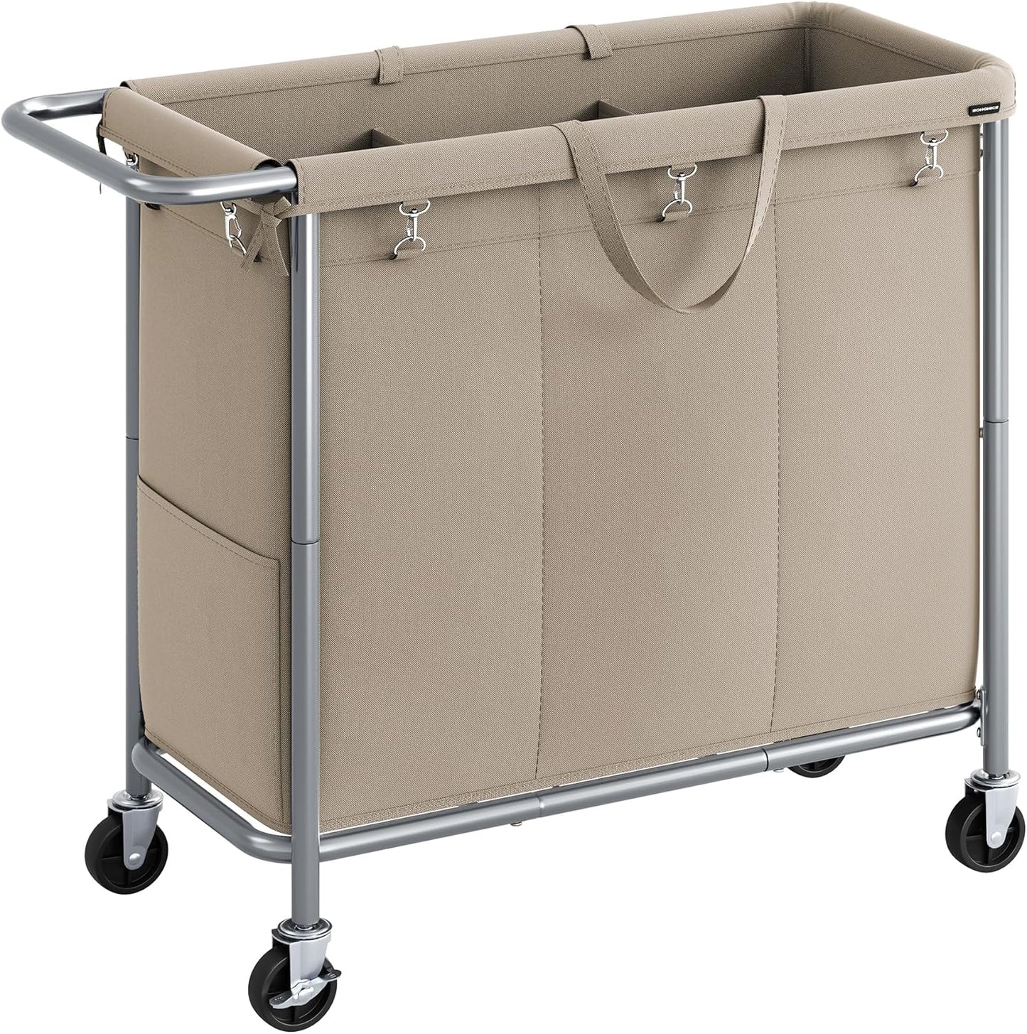 Laundry Basket with Wheels, 3-Section Rolling Laundry Hamper, 52.8 Gallons (200L), Removable Liner, Steel Frame with Handle, Blanket Storage, 35.8 X 15.4 X 31.9 Inches, Cream White URLS005W01