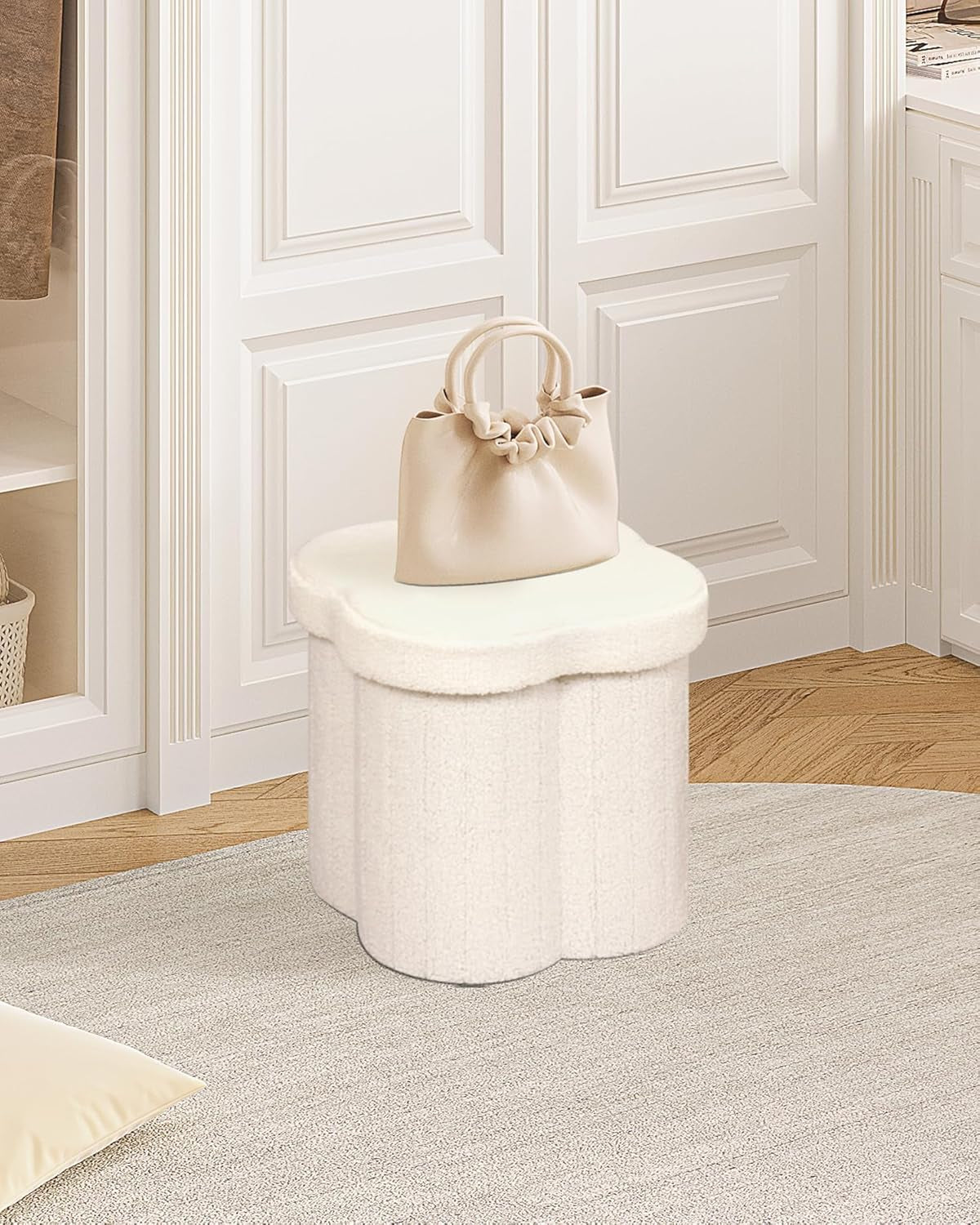 Storage Ottoman Cube, Flowers Shaped Ottomans with Storage Foot Stool Footrest for Lving Room, Boucle Ottoman Seat for Dorm Room,Faux Teddy Fur,White 12.6"X12.6"X12.6"