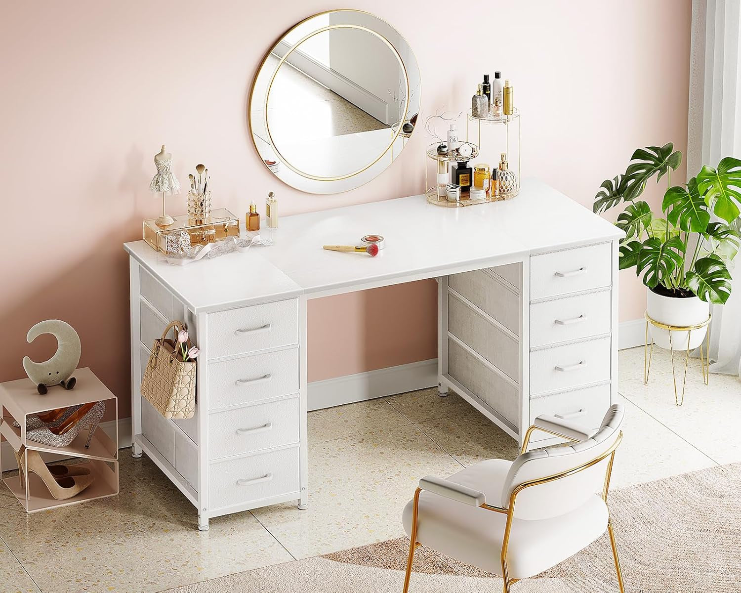 48 Inch White Computer Desk with 8 Fabric Drawers, Modern Office Desk with Large Storage for Home Office, Study, Gaming, White