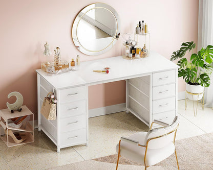 48 Inch White Computer Desk with 8 Fabric Drawers, Modern Office Desk with Large Storage for Home Office, Study, Gaming, White