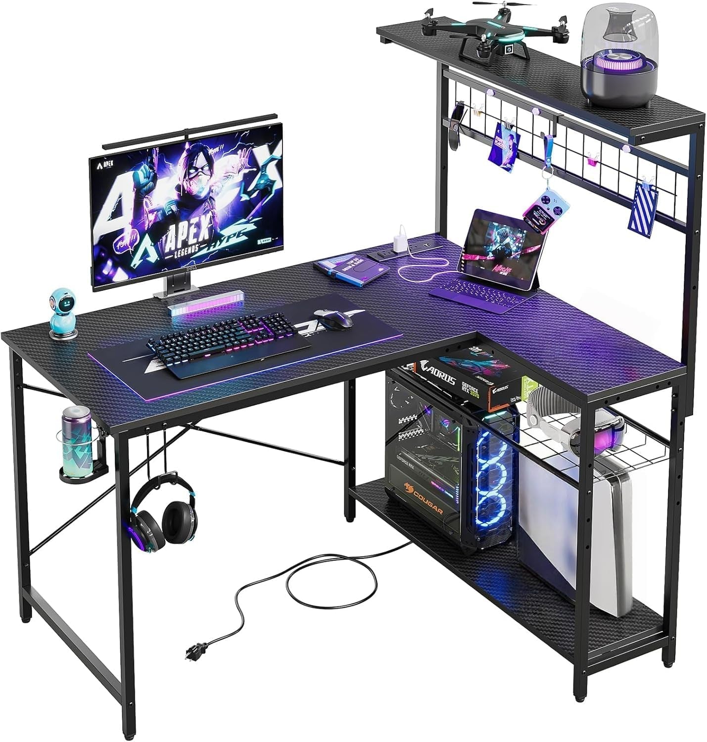 42 L Gaming Desk,Computer Desk with Power Outlets, LED Lights, Reversible Corner Desk with 4-Tier Shelves,Cup Holder & Hook Carbon Fiber Black