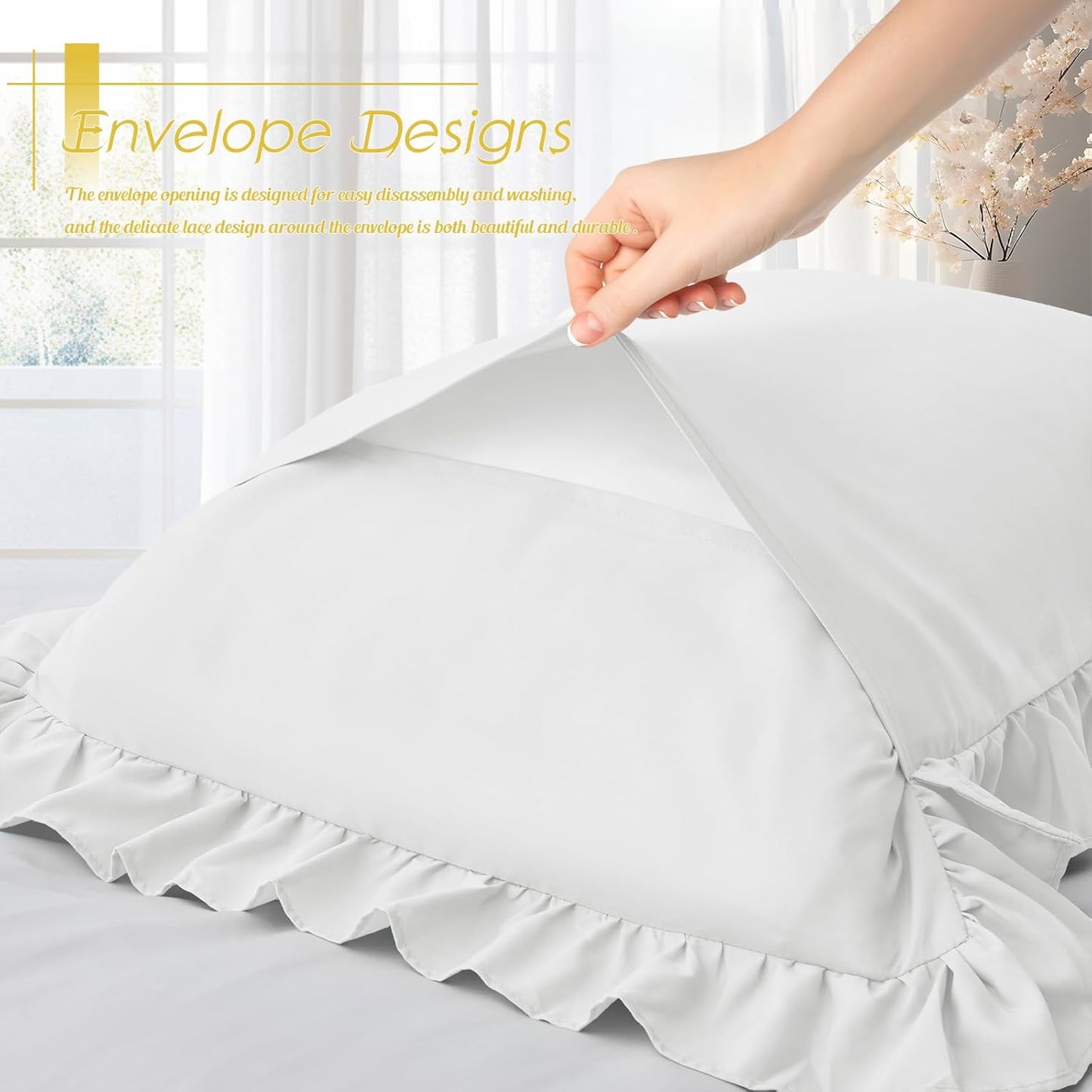 Ruffled Pillow Cases Set of 2, White King Pillow Shams Brushed Microfiber Edge Ruffled Soft Pillow Cover with Envelope Closure for Bedding Decor (20"X36")