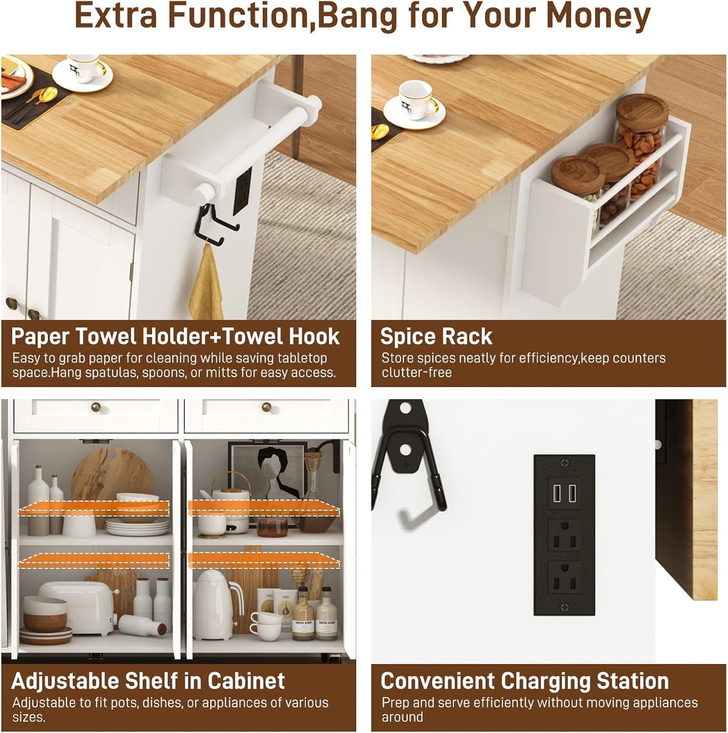 67" Large Movable Kitchen Island W/Sliding Drop Leaf,Power Outlet, Kitchen Rolling Island Cart W/ 2 Drawers, Island Table on Wheels W/ Trash Storage Cabinet,Spice Rack, Towel Bar,Garage Hook, White
