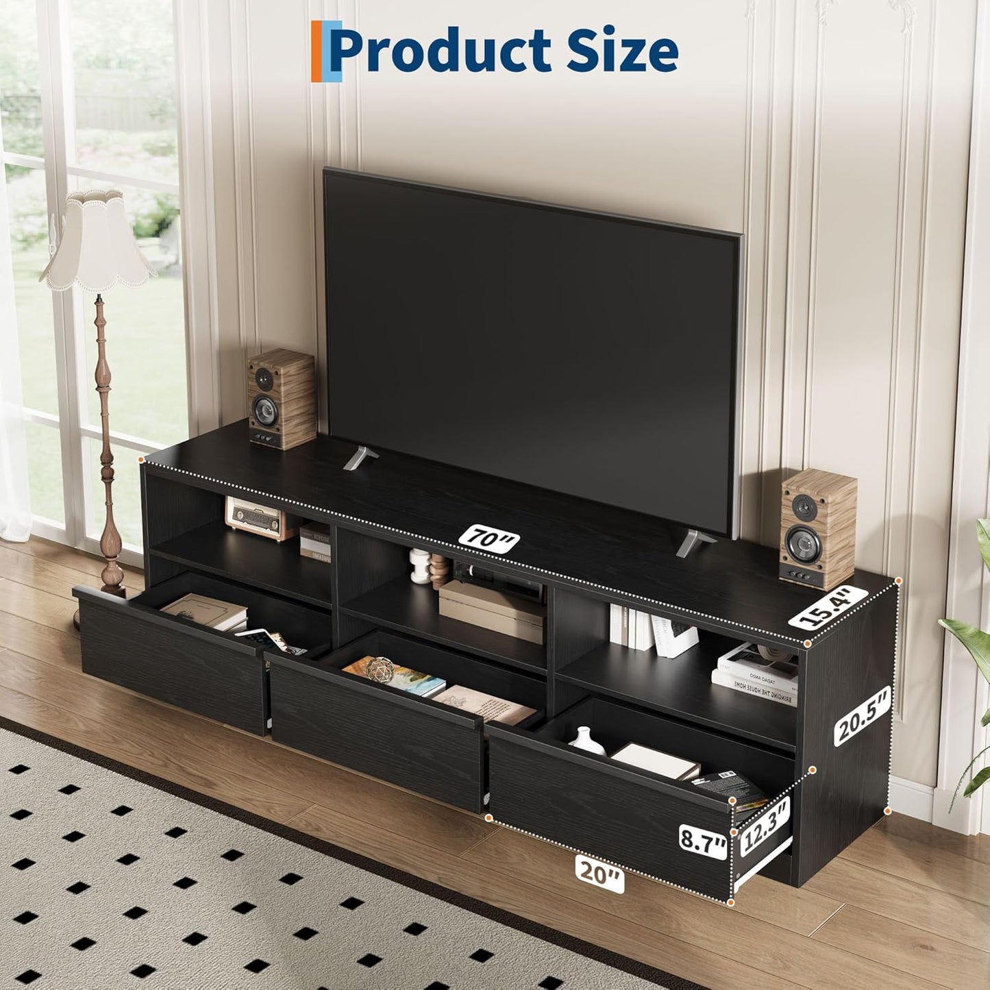 70 Inch TV Stand for 80" Tvs, Mid Century Modern Entertainment Center with Storage Drawer & Open Shelves, Wood Media Console Cabinet for Living Room/Bedroom, Black