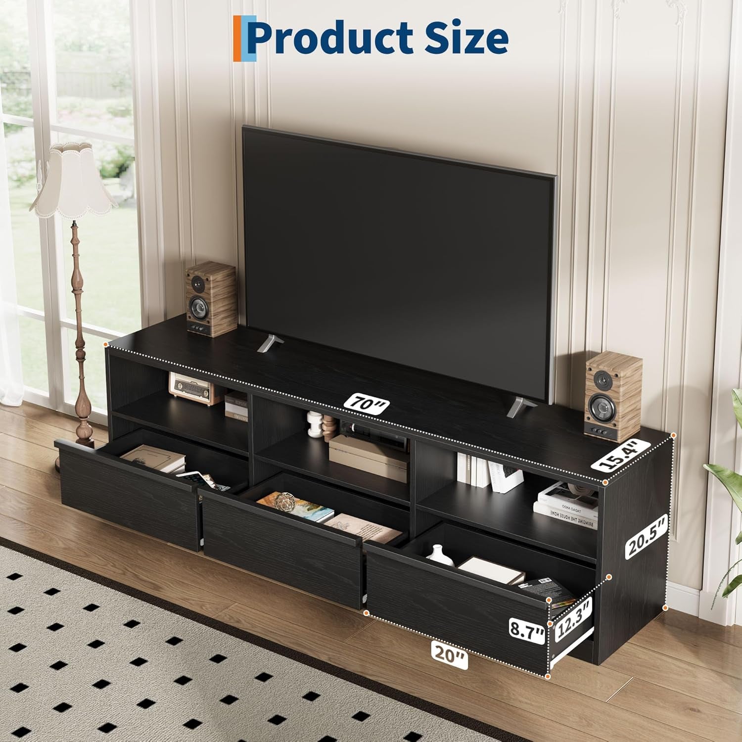 70 Inch TV Stand for 80" Tvs, Mid Century Modern Entertainment Center with Storage Drawer & Open Shelves, Wood Media Console Cabinet for Living Room/Bedroom, Black