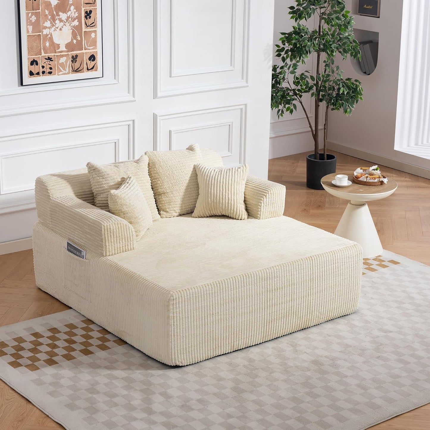 58" Chaise Lounge Chair Indoor, Beige - Oversized Corduroy Boneless Sleeper Sofa Bed with Armrests and 4 Pillows, No Assembly for Living Room