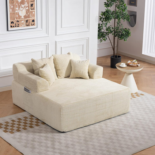 58" Chaise Lounge Chair Indoor, Beige - Oversized Corduroy Boneless Sleeper Sofa Bed with Armrests and 4 Pillows, No Assembly for Living Room