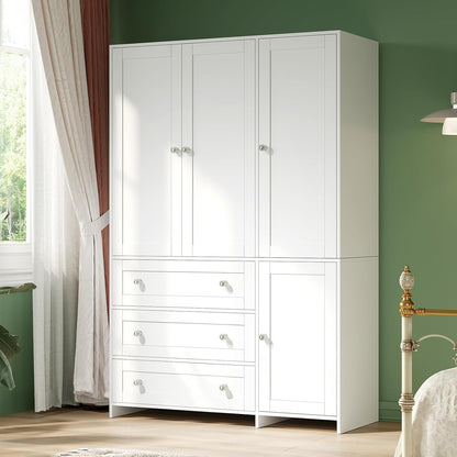 Armoire Wardrobe Closet with Drawers and Mirror, 71" Clothing Storage Cabinet with Hanging Rod, 4 Doors Wooden Wardrobe Cabinet for Bedroom, Large Capacity Storage
