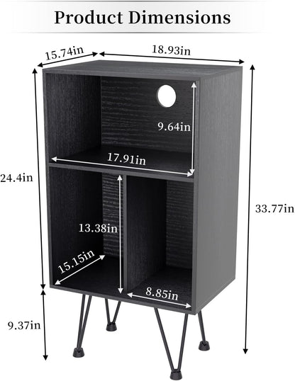 Record Player Stand, Turntable Stand Vinyl Record Storage Cabinet with Metal Legs, End Table Holds up to 120 Albums for Living Room, Bedroom, Office (Black)