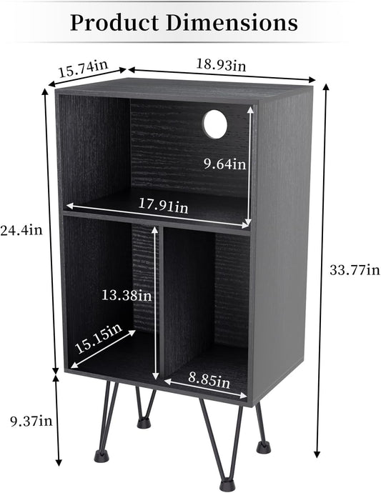 Record Player Stand, Turntable Stand Vinyl Record Storage Cabinet with Metal Legs, End Table Holds up to 120 Albums for Living Room, Bedroom, Office (Black)