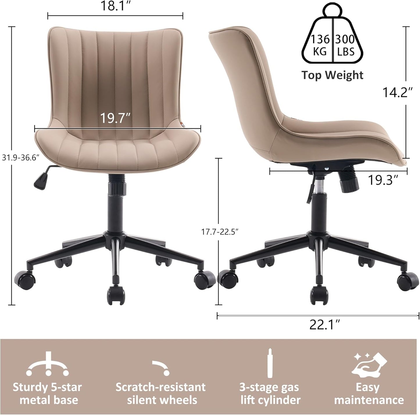 Khaki Leather Home Office Desk Chair with Wheels Modern Cute Armless Executive Swivel Vanity Chair with Comfy Padded Back Ergonomic Rolling Adjustable Computer Task Chair Small