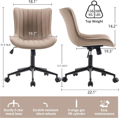 Khaki Leather Home Office Desk Chair with Wheels Modern Cute Armless Executive Swivel Vanity Chair with Comfy Padded Back Ergonomic Rolling Adjustable Computer Task Chair Small