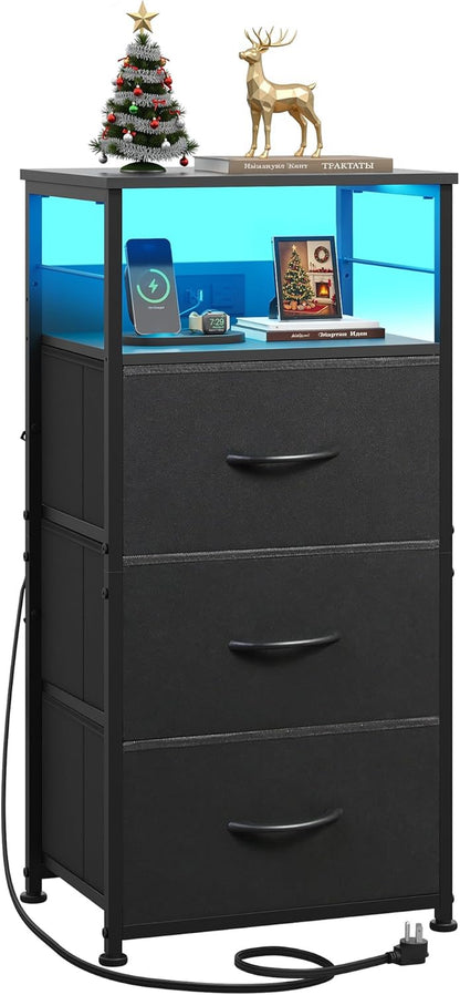 Nightstand with Charging Station, 31.9" H Nightstand with 3 Fabric Drawers, LED Bedside Table with USB Ports and Outlets, End Table for Dorm, Bedroom, Entryway, Black
