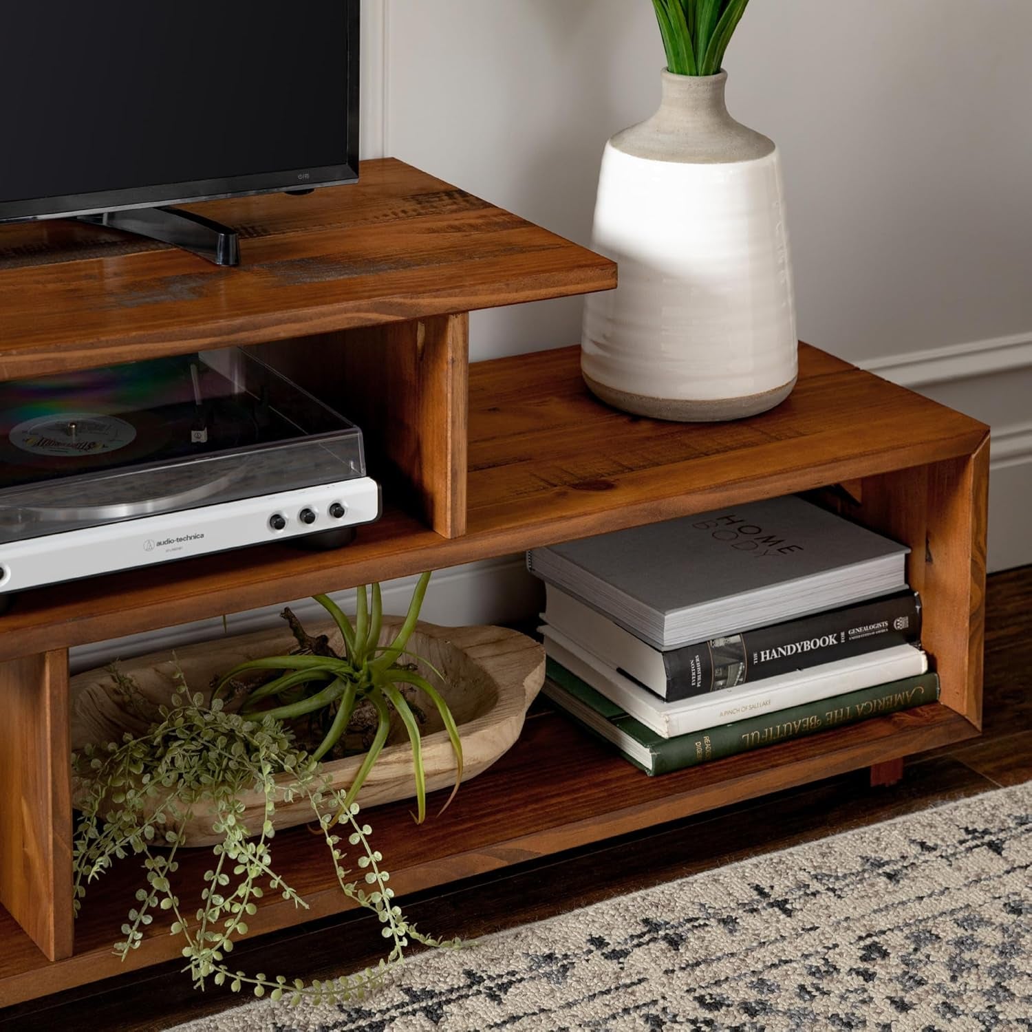 Meier Contemporary 2 Tier Asymmetrical Solid Wood TV Stand for Tvs up to 50 Inches, 60 Inch, Amber