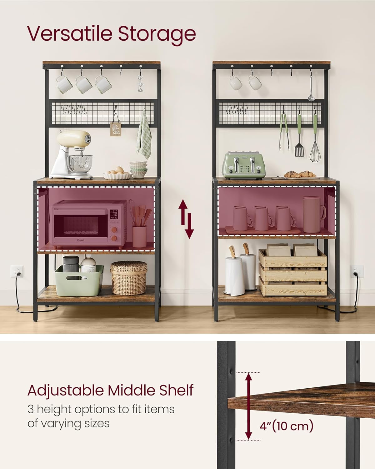 Bakers Rack with Charging Station, 31.5 Inches Coffee Bar Stand with Adjustable Storage Shelf, Grid Panel, 12 Hooks, Table for Microwave, Kitchen, Rustic Brown and Ink Black UKKS016K01