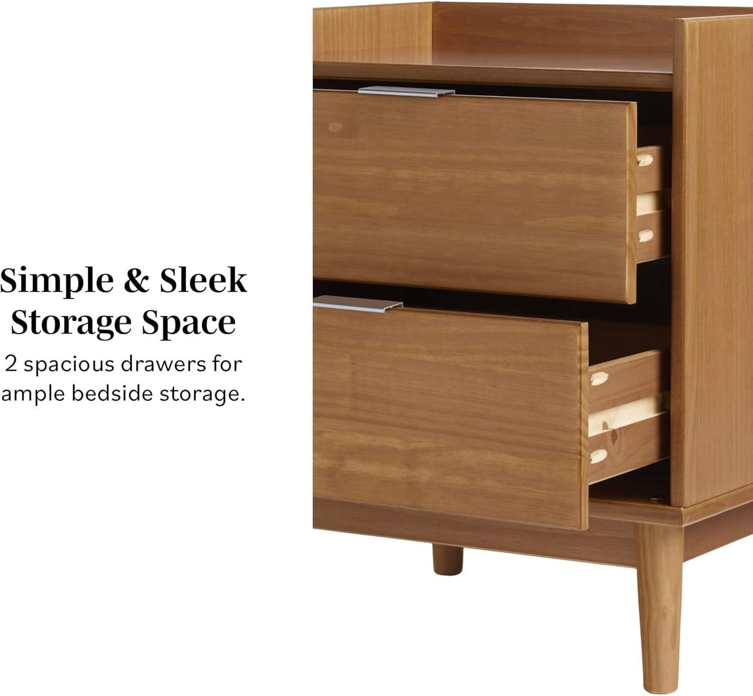Mid-Century Modern 2-Drawer Solid Wood Nightstand, 20 Inch, Set of 2, Caramel