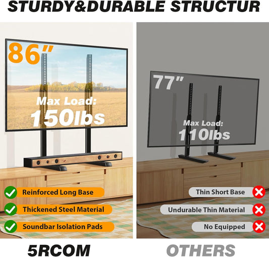 Universal TV Stand, Large TV Legs for 37-86 Inch Flat Curved Tvs with Cable Management, 6 Height Adjustment Table Top TV Mount Stand up to 150Lbs, Black