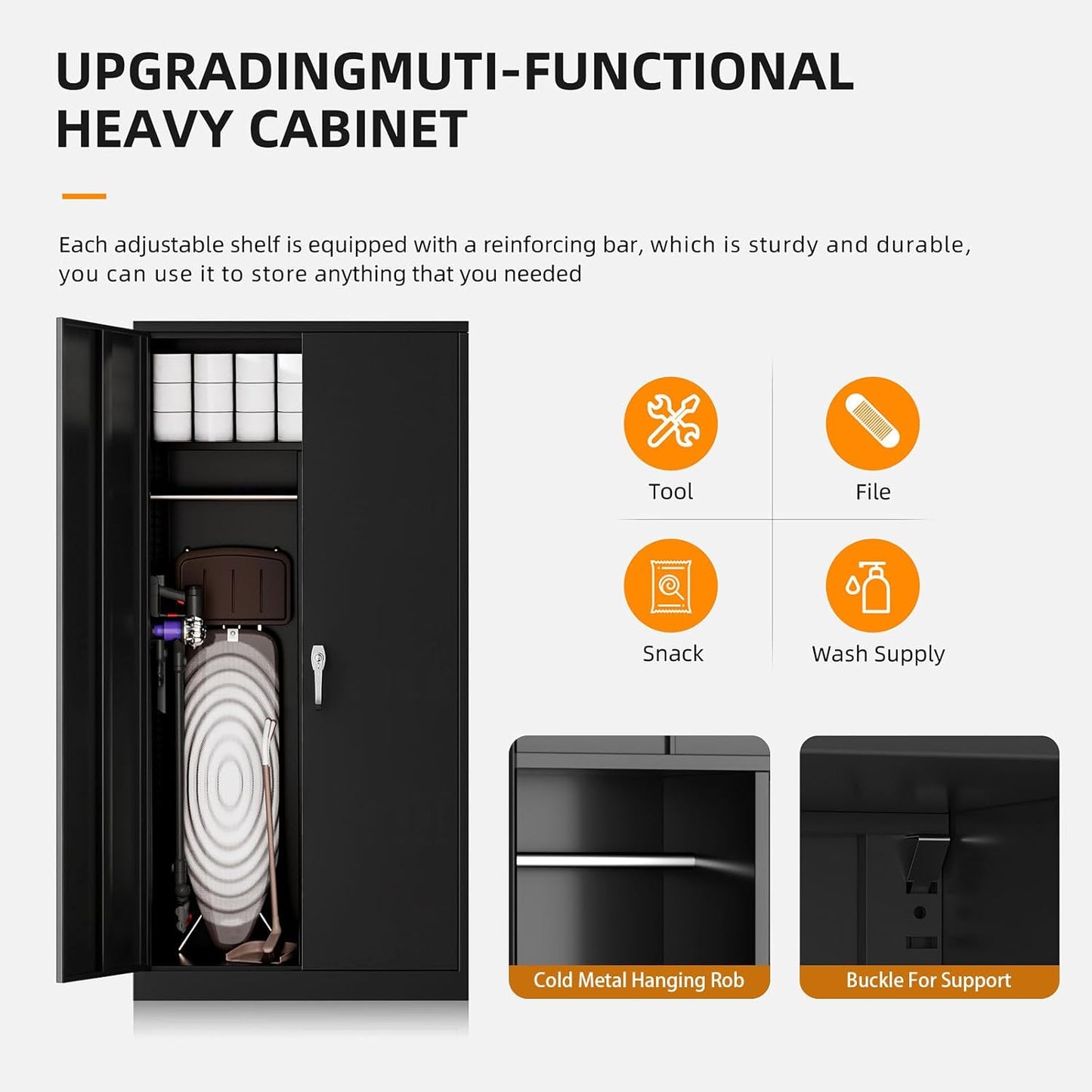 Metal Wardrobe Cabinets with Lock, 72" Clothing Storage Cabinets with Hanging Rod and 4 Adjustable Shelves, Armoire Wardrobe for Office, School, Employee, Government (Black)