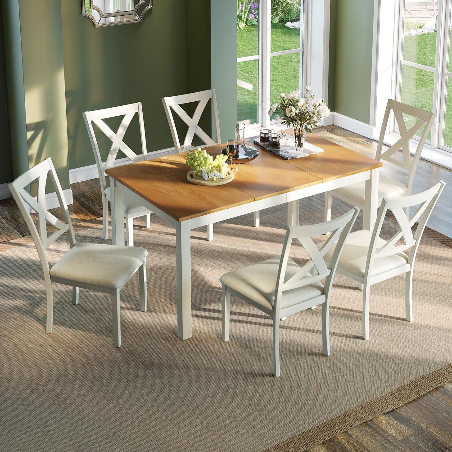 7-Piece Farmhouse Solid Wood Dining Table Set with 6 Upholstered Chairs, 60" Space Saving Dinner Table & Chairs Set, for Dining Room, Kitchen, Restaurant, Brown & White