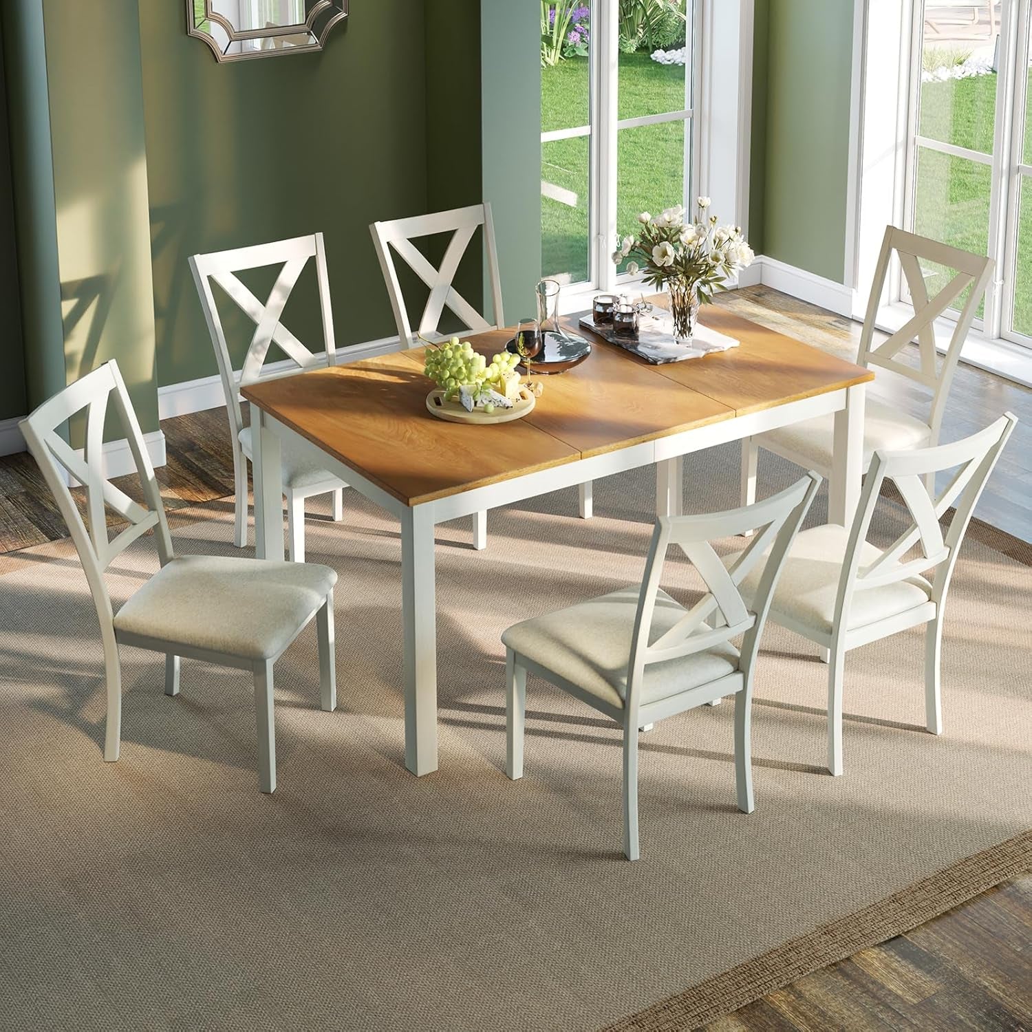 7-Piece Farmhouse Solid Wood Dining Table Set with 6 Upholstered Chairs, 60" Space Saving Dinner Table & Chairs Set, for Dining Room, Kitchen, Restaurant, Brown & White
