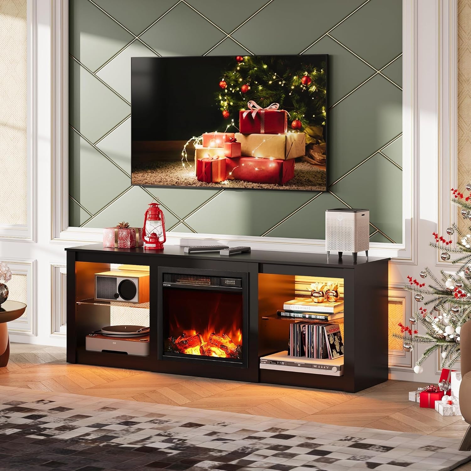 Fireplace TV Stand for up to 65 Inch Tvs, Modern LED Entertainment Center with Electric Fireplace Heater & Adjustable Glass Shelves, Sturdy Media Console for Living Room, Bedroom,Gaming (Black)