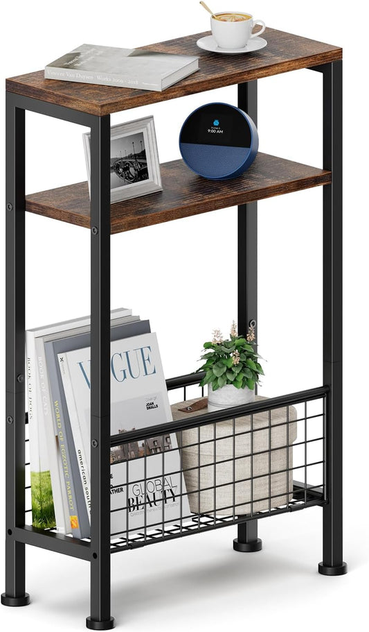 Narrow Side Table, Skinny End Table for Small Spaces with Storage, 3-Tier Slim Wooden Bedside Nightstand Thin Couch Table for Living Room Bedroom Office Dorm Kitchen Bathroom (Rustic Brown)