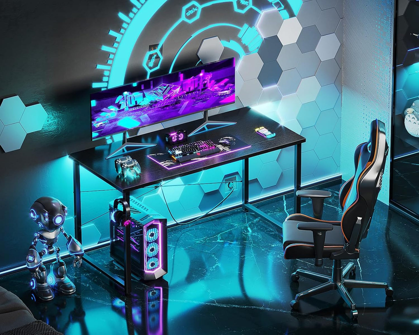 48 Inch Small Computer Desk for Home Office, Study Writing Table for Small Spaces, Simple Modern Desk with Headphone Hooks, Black