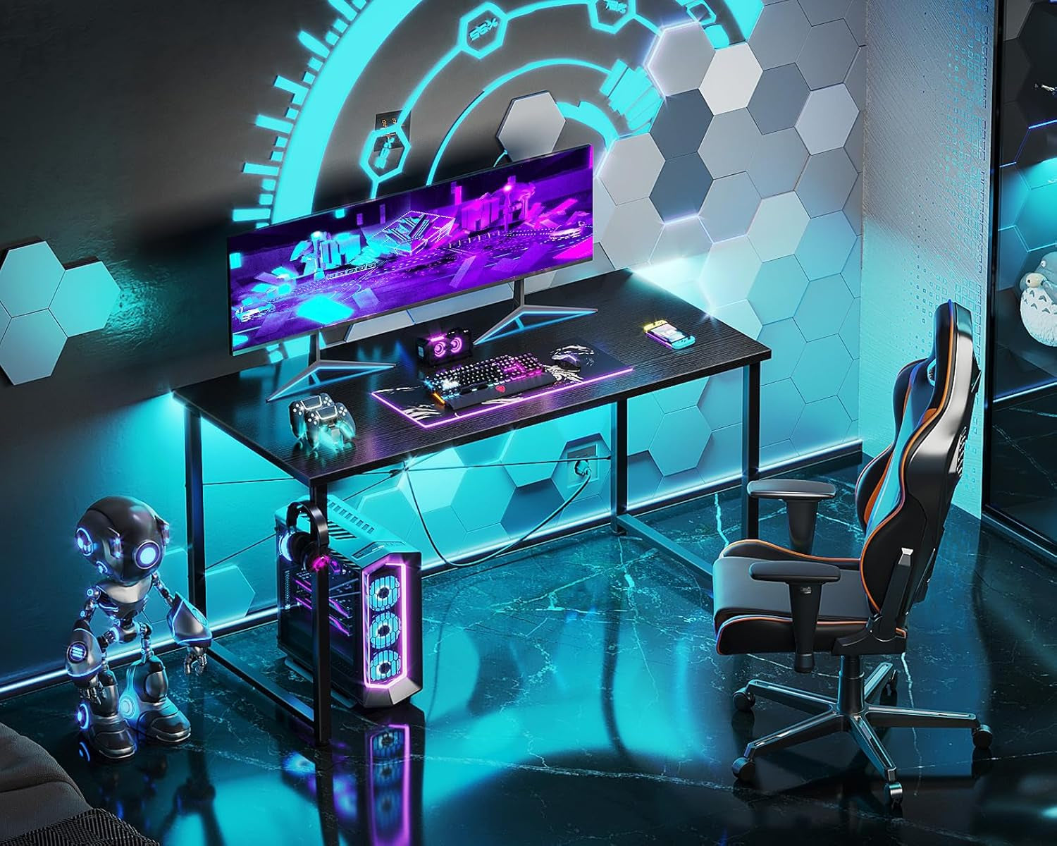 48 Inch Small Computer Desk for Home Office, Study Writing Table for Small Spaces, Simple Modern Desk with Headphone Hooks, Black