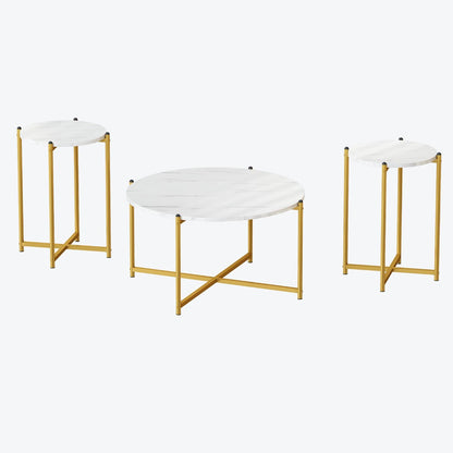 Coffee Table Set of 3,Modern Faux Marble Top with Golden Frame,1 Coffee Table & 2 Accent Table, Living Room Table Set, for Apartment,Office and so On,White & Gold (LCTR-W)