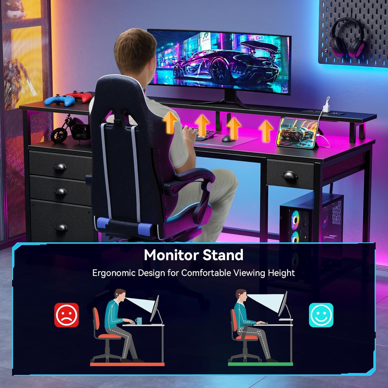60" Black Computer Desk with 4 Drawers and Printer Space, Gaming Desk with LED Lights and USB Power Outlets, Home Office Desk with Fabric File Cabinet,Study Work Table with Shelf for Bedroom