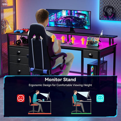60" Black Computer Desk with 4 Drawers and Printer Space, Gaming Desk with LED Lights and USB Power Outlets, Home Office Desk with Fabric File Cabinet,Study Work Table with Shelf for Bedroom