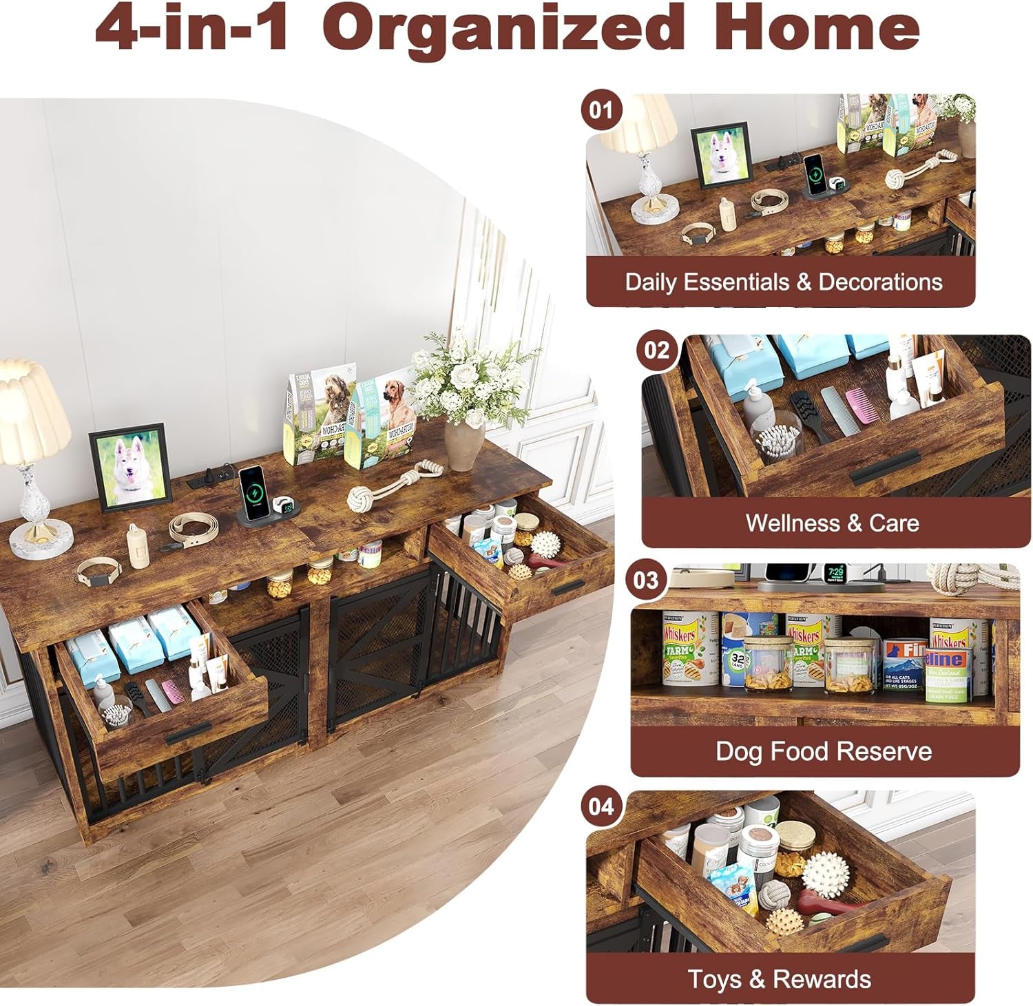 63In Double Dog Crate Furniture with Sliding Door and Detachable Outlet That Powers Pet Zone Sturdy Dog Kennel Furniture with Drawers Organized Storage for Small and Medium Dogs