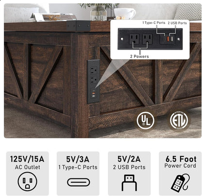 Farmhouse Lift Top Coffee Table with Storage, Wood Square Center Table with Charging Station&Usb Port, Living Room Table W/Large Hidden Space, for Living Room, Bedroom, Home Office, Brown
