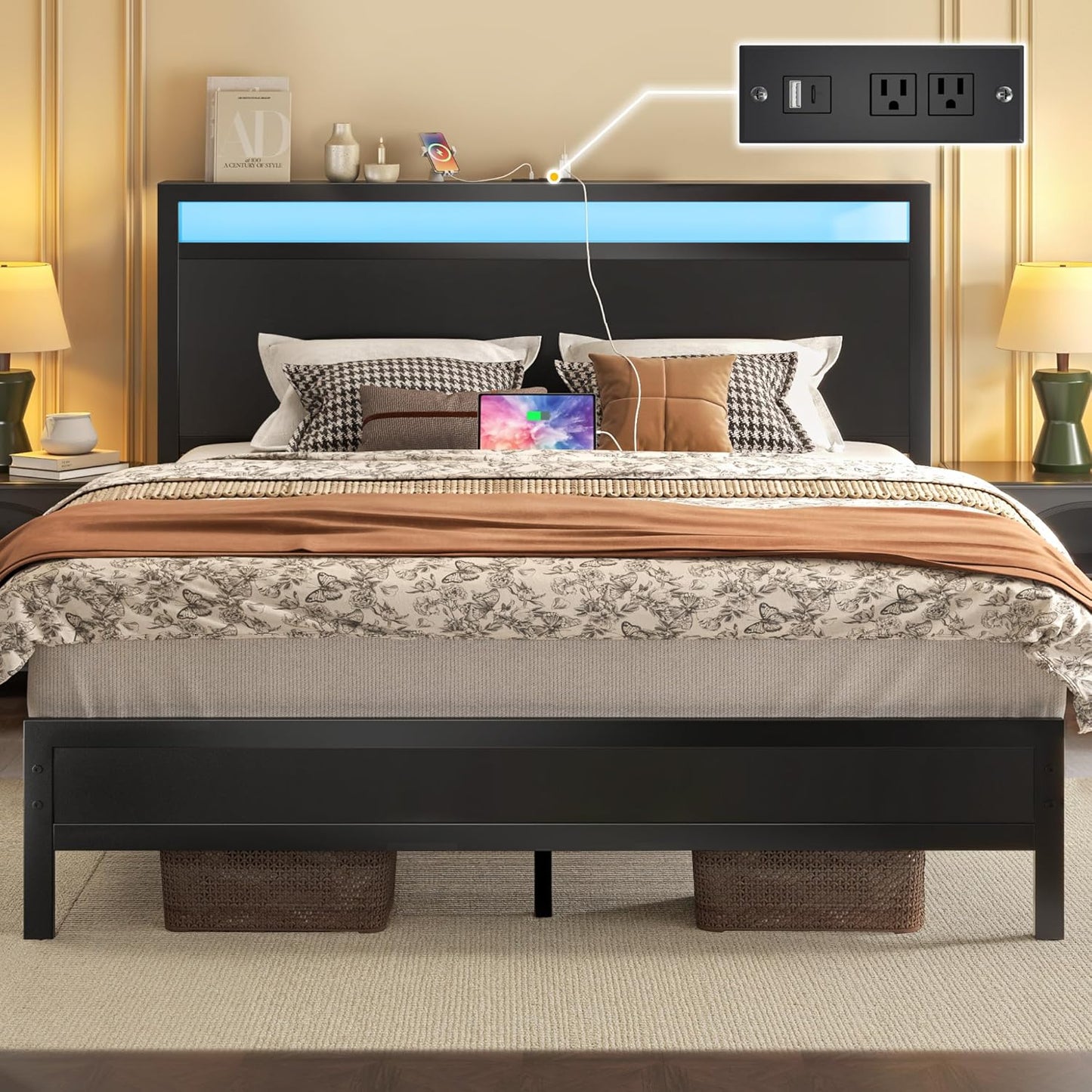 Queen Bed Frame with Headboard & Footboard, Bed Frame with Built-In Charging Station & LED Light, Storage Shelf, Noise-Free, No Box Spring Needed, Easy Assembly, Classic Black