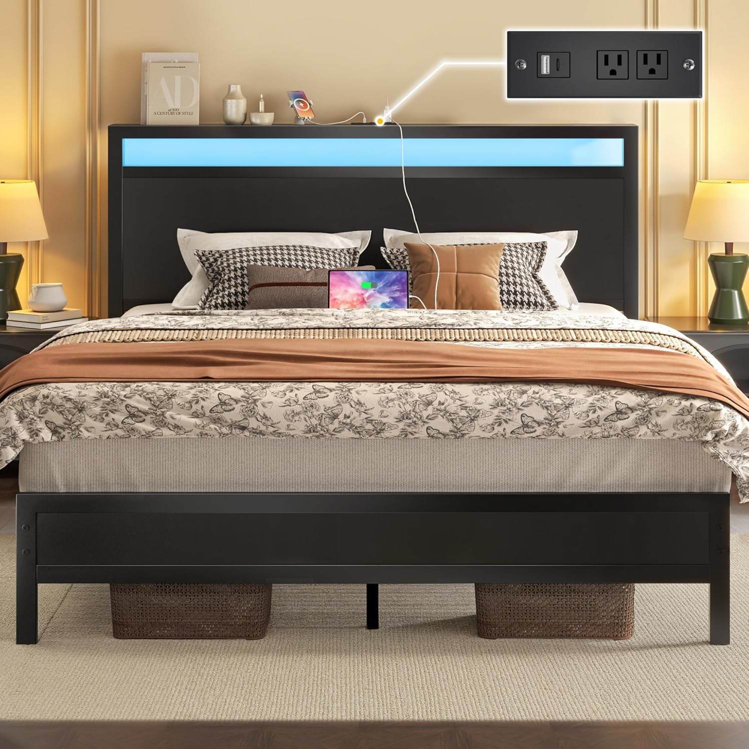Queen Bed Frame with Headboard & Footboard, Bed Frame with Built-In Charging Station & LED Light, Storage Shelf, Noise-Free, No Box Spring Needed, Easy Assembly, Classic Black