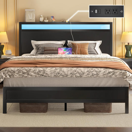 Queen Bed Frame with Headboard & Footboard, Bed Frame with Built-In Charging Station & LED Light, Storage Shelf, Noise-Free, No Box Spring Needed, Easy Assembly, Classic Black