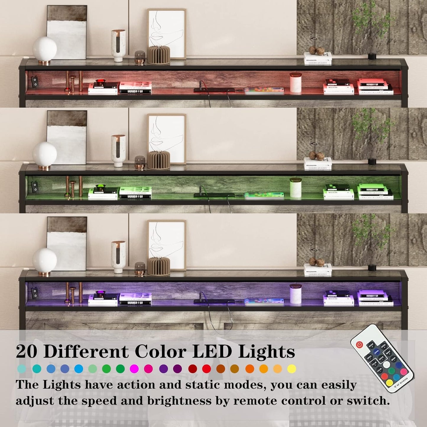 LED Full Size Bed Frame with Charging Station, Platform Metal Bed with Headboard Storage & USB Ports Outlets, Farmhouse Bed Frame with Lights for Bedroom, Noise Free, Wash Grey (Full)