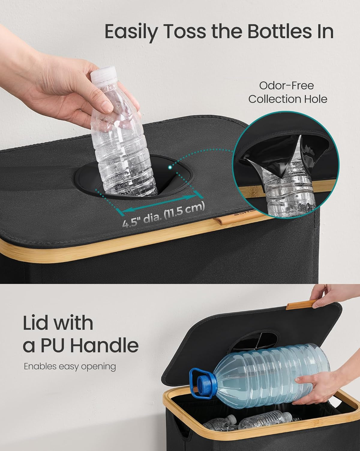 Recycling Bin for Kitchen 26.4 Gallon. Bottle Recycling Container, Collection Bin, for Metal, Plastic, Paper, Glass, Inner Bag with Handles, Kitchen, Ink Black and Natural Beige URRB509B01