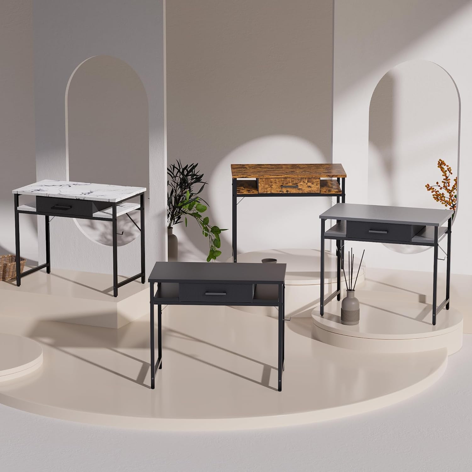 32 Inch Small Computer Desk with Drawer and Shelves Simple Study Work Table for Bedroom Marble