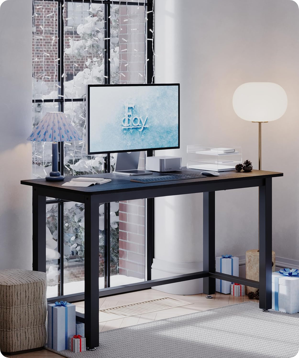 51" Home Office Desk Modern Computer Desk 51.2X23.6X29.5 Inches PC Table with Thicken Frame Industrial Style Sturdy Metal Frame Furniture for Writing Gaming Black+Black