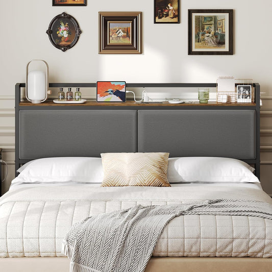 Queen Size Headboard with Storage, Upholstered Headboard with Charging Station, Height Adjustable, Vintage Style, Sturdy and Stable, Rustic Brown, Gray and Black